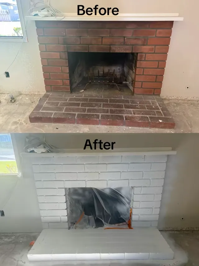 Before and after of a red brick fireplace and hearth painted a clean white.