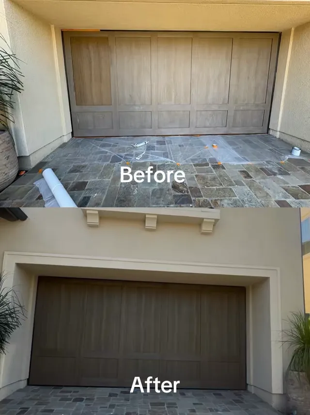 Before and after of a weathered wood garage door refinished in a deep brown.